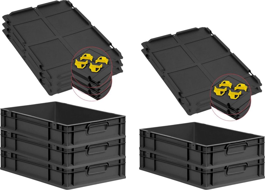 SparSet 5x Eurobox NextGen Grip mit Auflagedeckel inkl. 4 gelben Schiebeschnappverschlüssen | HxBxT 12x40x60cm | 23 Liter | Schwarz | Griffe gesch...