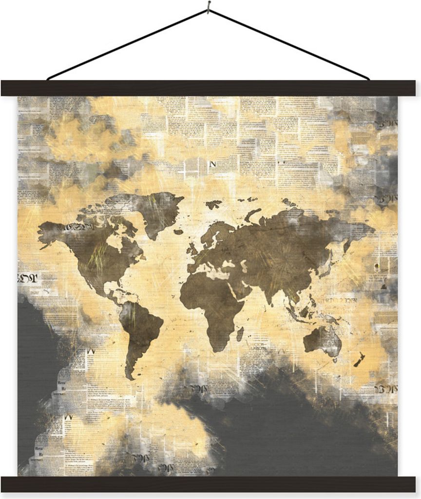 MuchoWow Textilposter Weltkarte - Zusammenfassung - Zeitungen 60x60 cm mit schwarzem Rahmen - Posteraufhänger