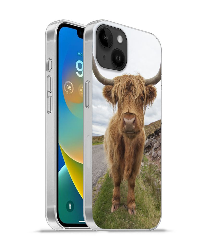 MuchoWow Handyhülle Schutzhülle Hülle für Apple iPhone 14 Plus - Soft case Schottischer Highlander - Hörner - Berg Silikon Softcase Handy H...