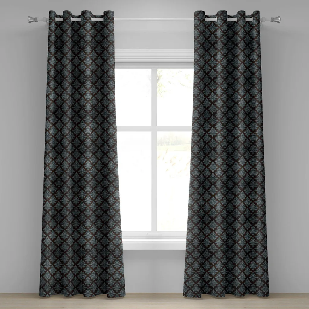 Rideau Damas Floral à l'Ancienne 2 Panneaux Style Baroque Brun Foncé