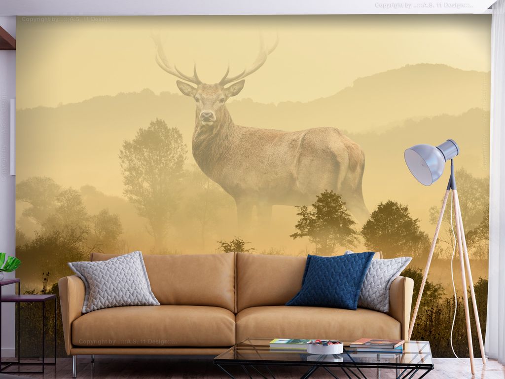 Vlies Fototapete Hirsch Abstrakt 400x280 cm Tapeten Wandtapete XXL Natur Nebel Botanik Wald c-C-0474-a-a
