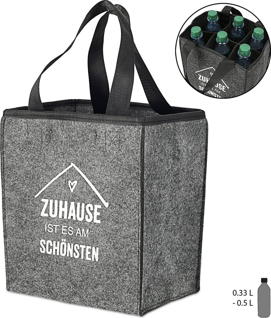 Flaschenträger aus Filz für 6 Flaschen mit Spruch 'Zuhause ist es am schönsten' hellgrau Flaschenkorb Tragetasche Männerhandtasche