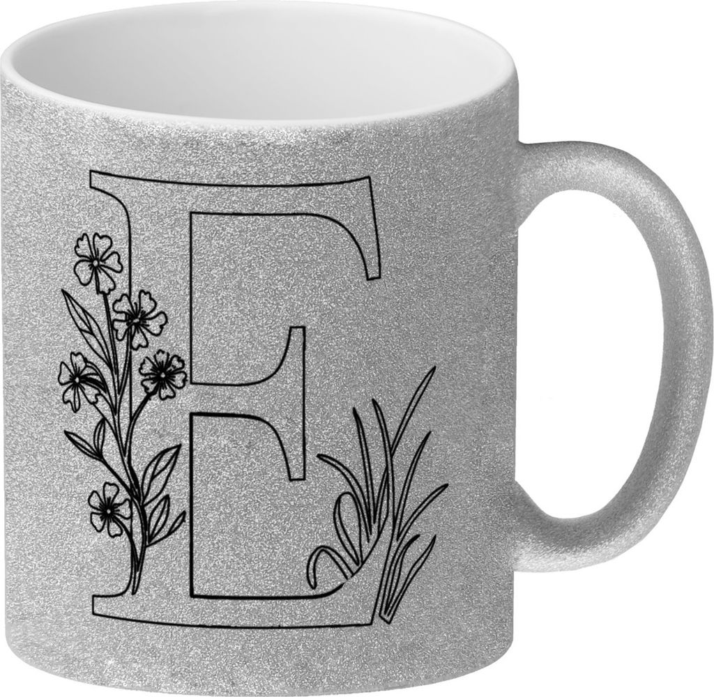Floral Buchstabe E Glitzer-Kaffeebecher zum Ausmalen für Kunstliebhaber