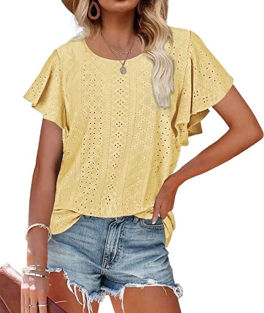ASKSA Damen T-Shirt Rüschenärmel Bluse Aushöhlen Tops Casual Rundhals Loose Shirts, Gelb, L