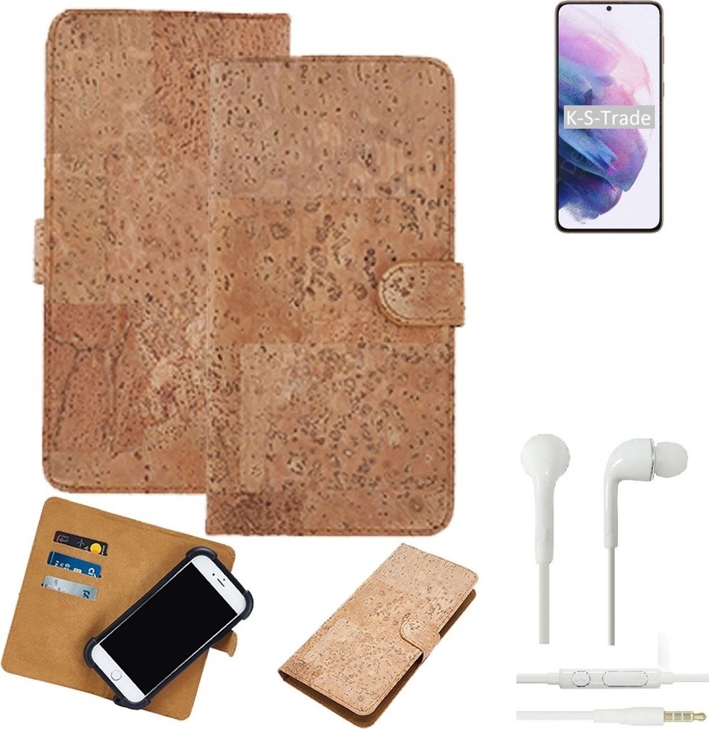 K-S-Trade Hülle kompatibel mit Samsung Galaxy S21+ 5G SD888 + in ear Kopfhörer Kork Handyhülle Cover Schutzhülle TPU Case Bumper in Hellbraun,