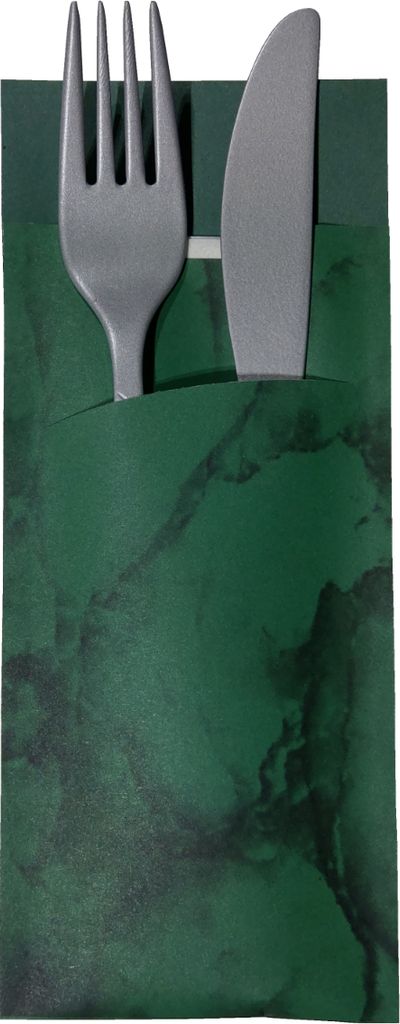 30 Bestecktaschen mit Serviette dunkelgrün marmoriert 20 cm Produktbild 