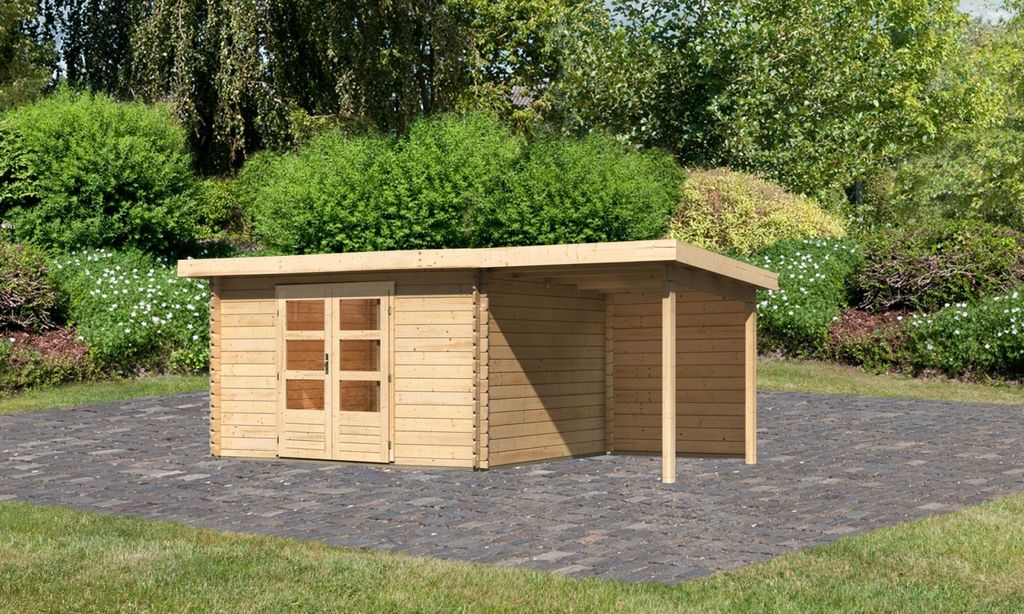 Gartenhaus Blockbohlenhaus Gerätehaus Bastrup 7 im Set mit Anbaudach 2 m breit, 28 mm Rückwand naturbelassen 539x297x222 cm