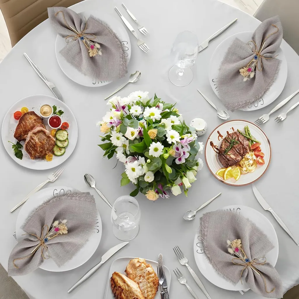 Serviettes de Table Rustiques pour Mariage - Coton Lin Gris Clair 12 Pcs