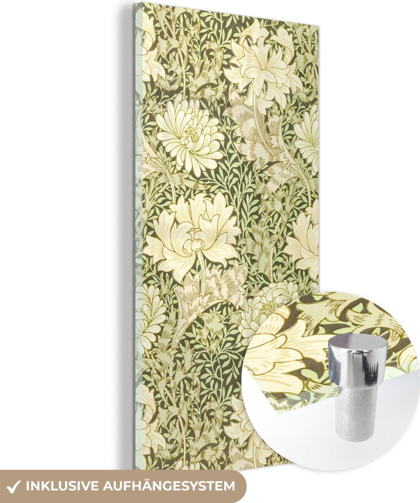 MuchoWow Glasbilder - Bilder auf Wandbild - Foto auf Glas Rosen - Blumen - Grün - William Morris 40x80 cm Wanddekoration aus Glas - Acrylglasbild ...
