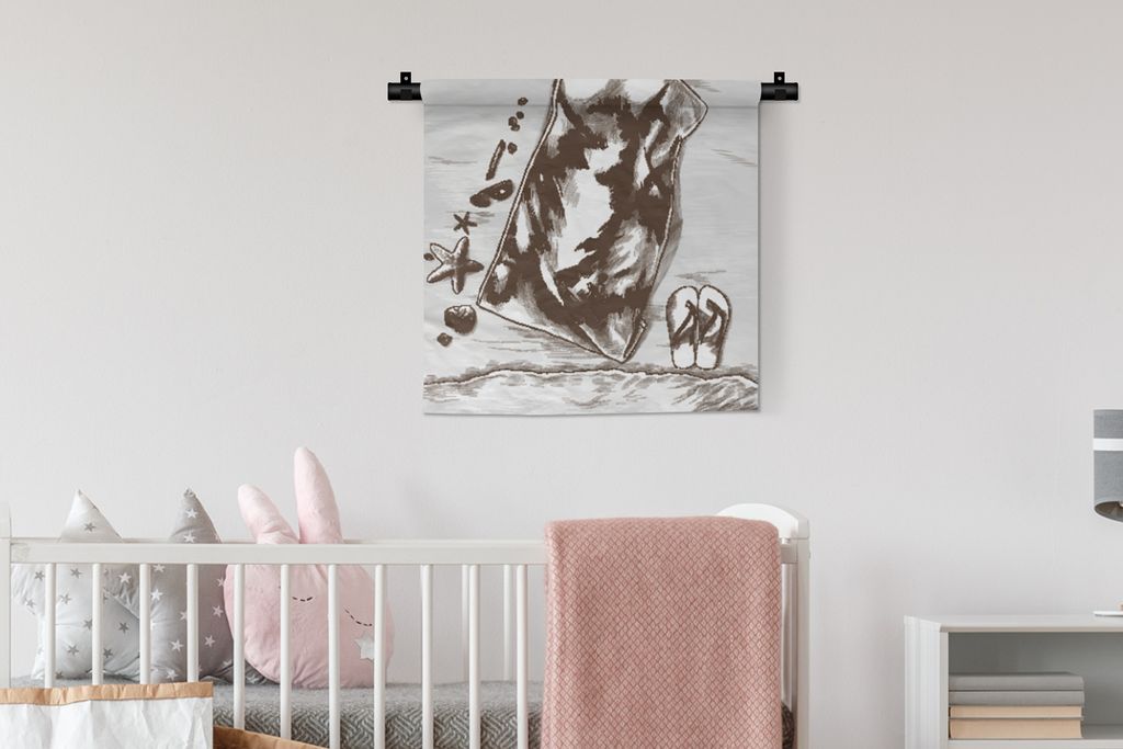 MuchoWow Wandteppich Wandbehang Strand - Handtuch - Hausschuhe 60x60 cm Tapisserie Dekoration Wandtuch - Dekorationen - Wand Decke