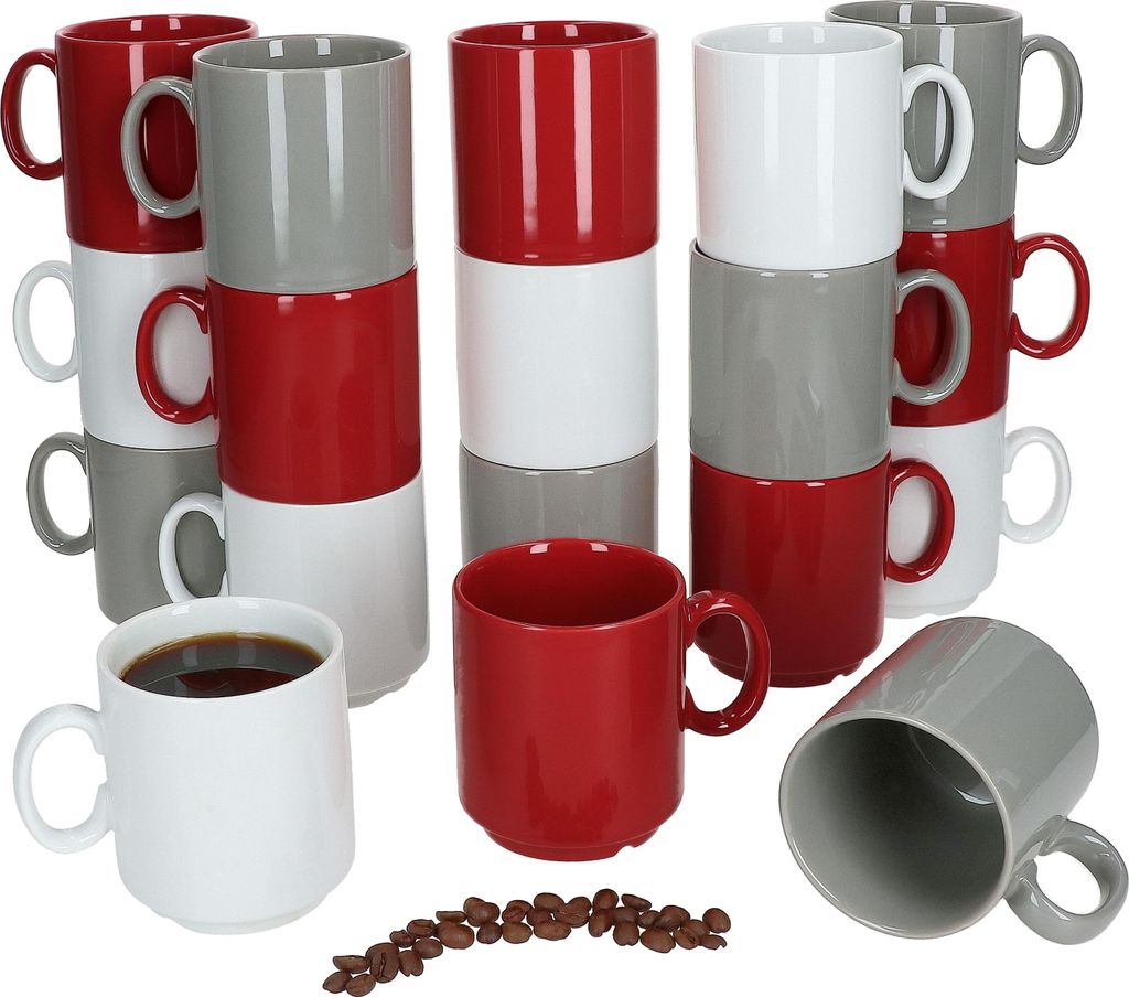18er Set Event Trio Kaffeebecher 250ml Tassen Grau Rot Weiß stapelbar