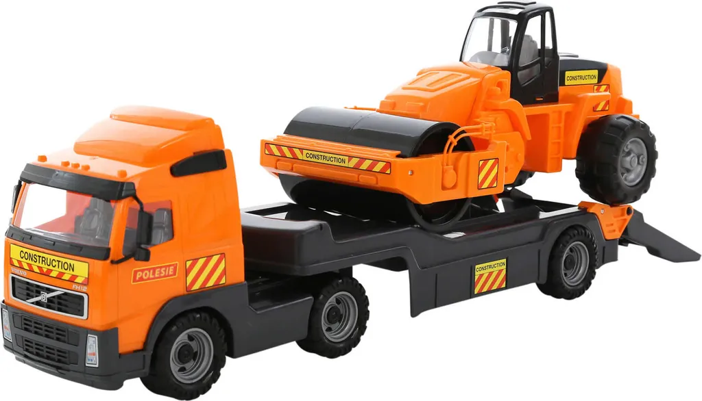 Camion Volvo surbaissé avec rouleau compresseur 1:50 - Jouet de chantier