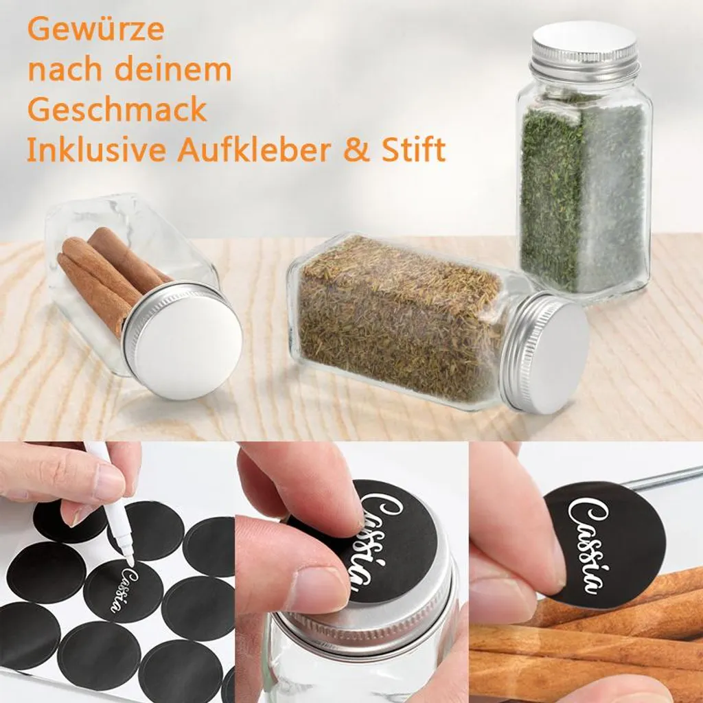 Jayseuw barattoli per spezie quadrati 24 pezzi 120ml barattoli per spezie in vetro con inserto per spolverare, etichette impermeabili, imbuto, spazzola per la pulizia contenitore per spezie accessori da cucina, coperchio in alluminio argento - 4