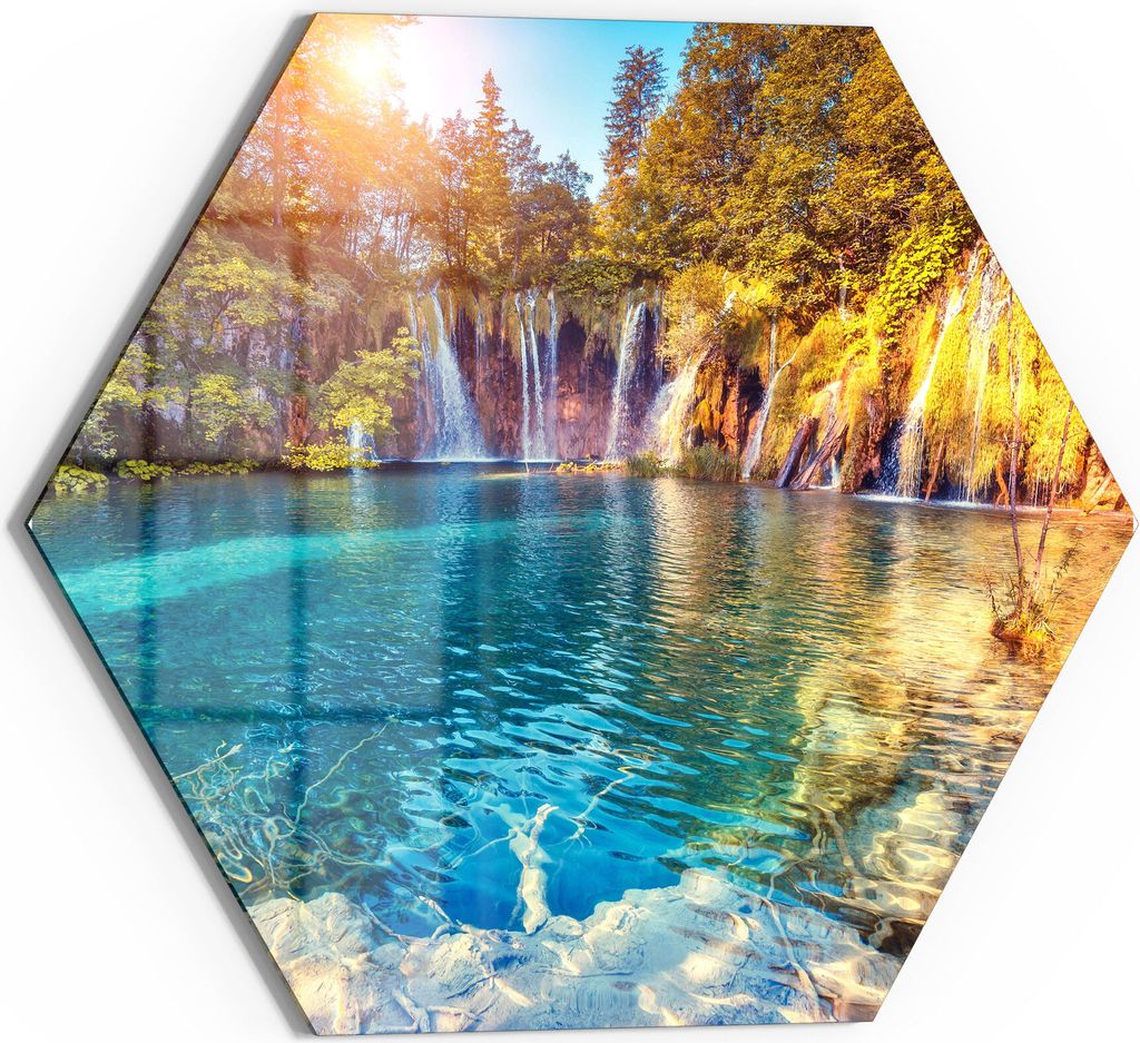 DEQORI Glasbild Echtglas 40x35 cm 'Märchenhafte Wasserfälle' Wandbild Bild modern Deko