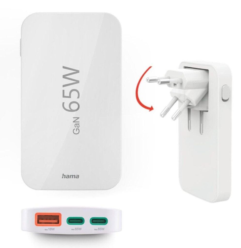 Hama flaches Mini-Ladegerät 65W 2xUSB-C/1xUSB-A, weiß Produktbild 