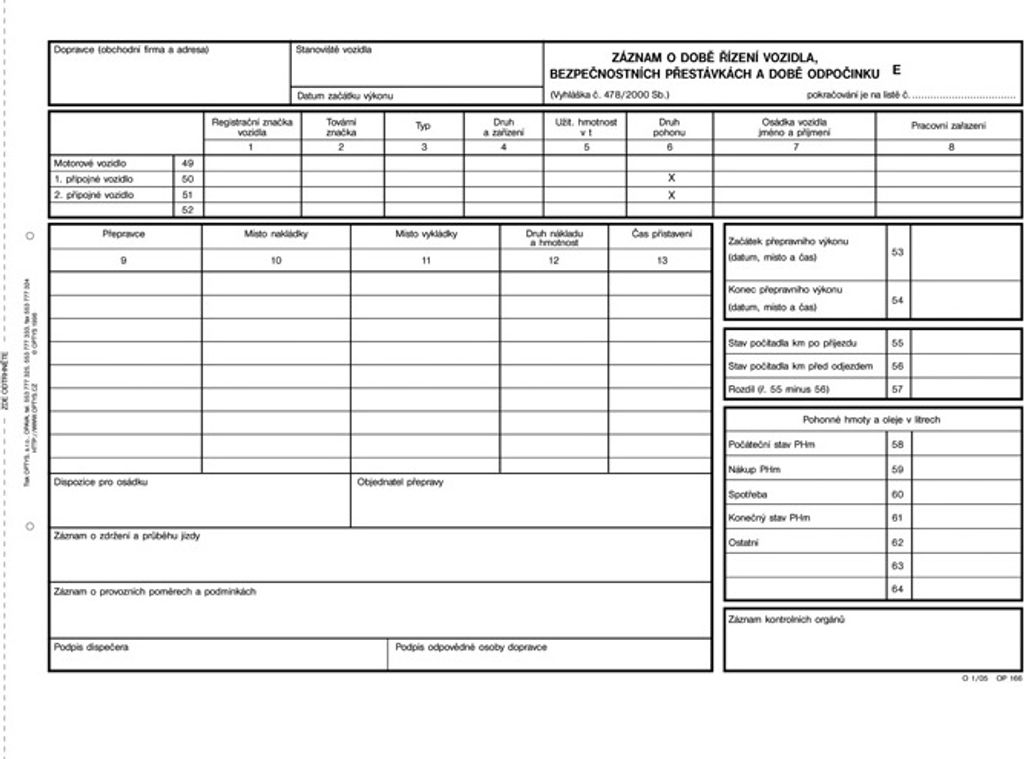 Tiskopis Záznam o době řízení vozidel Optys, A4, číslovaný, 100 listů