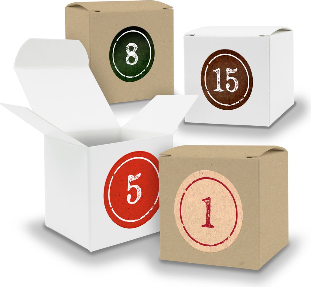 Adventskalender zum Füllen 24x Würfel 6,5cm gemischt WEISS BRAUN + Sticker V06 Z02