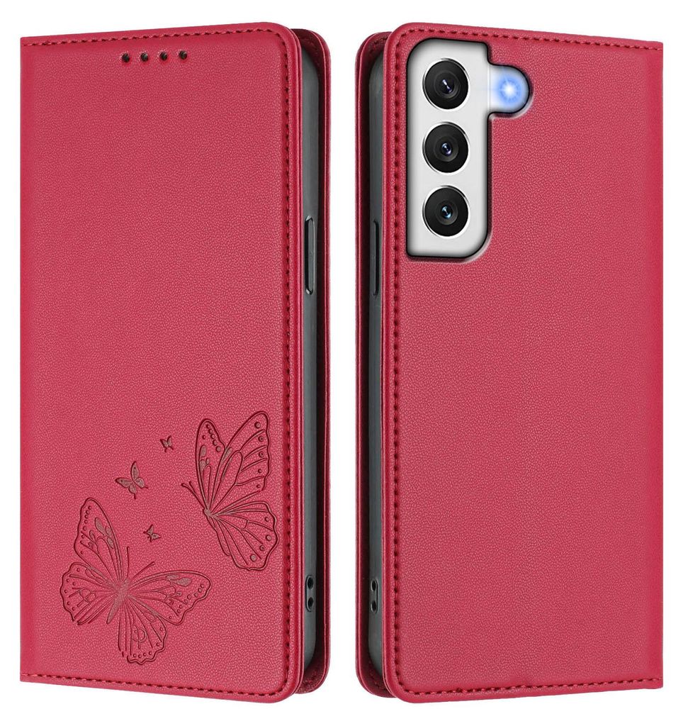 Lederhülle für Samsung Galaxy S22+ 5G, Schmetterling Prägung Leder Brieftasche Schutzhülle mit Ständer Rot