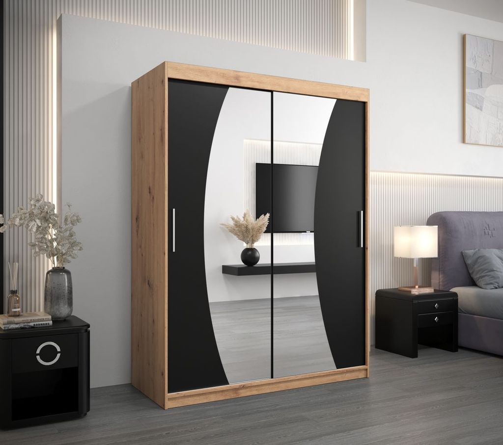 Kleiderschrank mit Schiebetüren ANABELA - 150 cm, Eiche handwerklich / schwarz