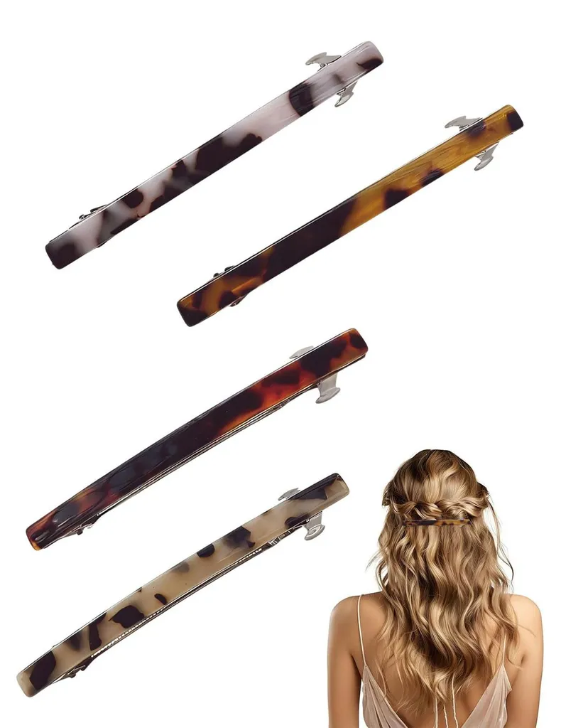 4 Barrettes automatiques longues en celluloïd à motif léopard chic