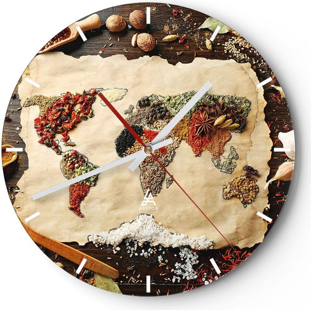 Wanduhr - Rund - Glasuhr - Welt Karte Gewürze Farben - 40x40cm - Schleichendes Uhrwerk - Lautlos - zum Aufhängen bereit - Dekoration Modern - Wan...
