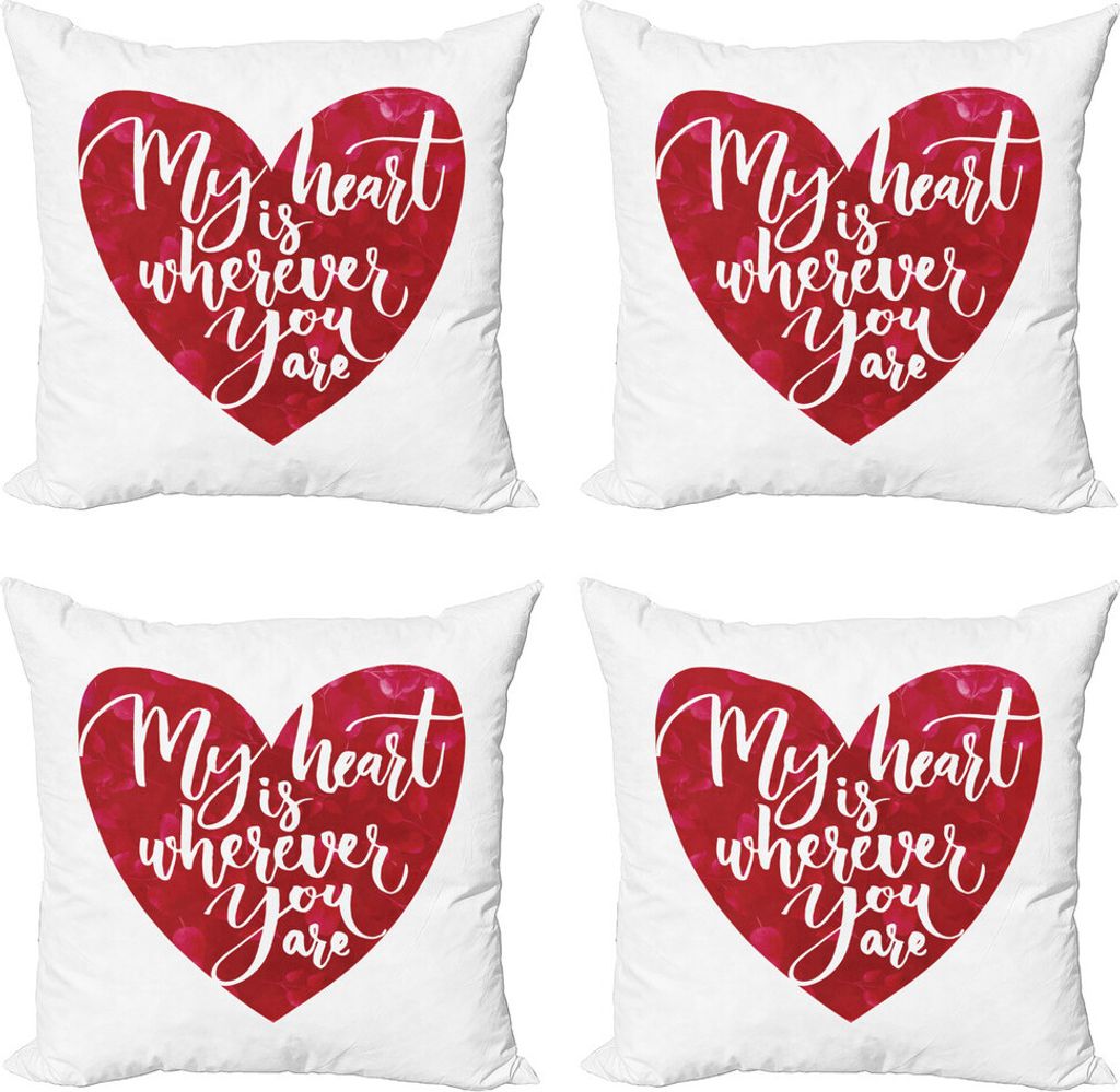ABAKUHAUS Ehefrau Kissenbezug Set (4 Stück), Mein Herz ist egal wo Sie sind, Moderner Doppelseitiger Digitaldruck, 40 cm x 40 cm, Ruby und Weiß