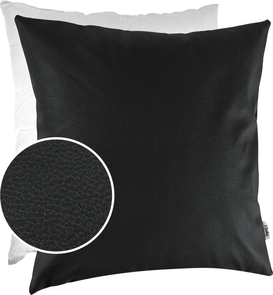Dekokissen mit Füllung KUMO 60x60cm atmungsaktive Kunstleder Kissenbezug mit Reißverschluss Einfarbig Leder-Optik UNI Schwarz