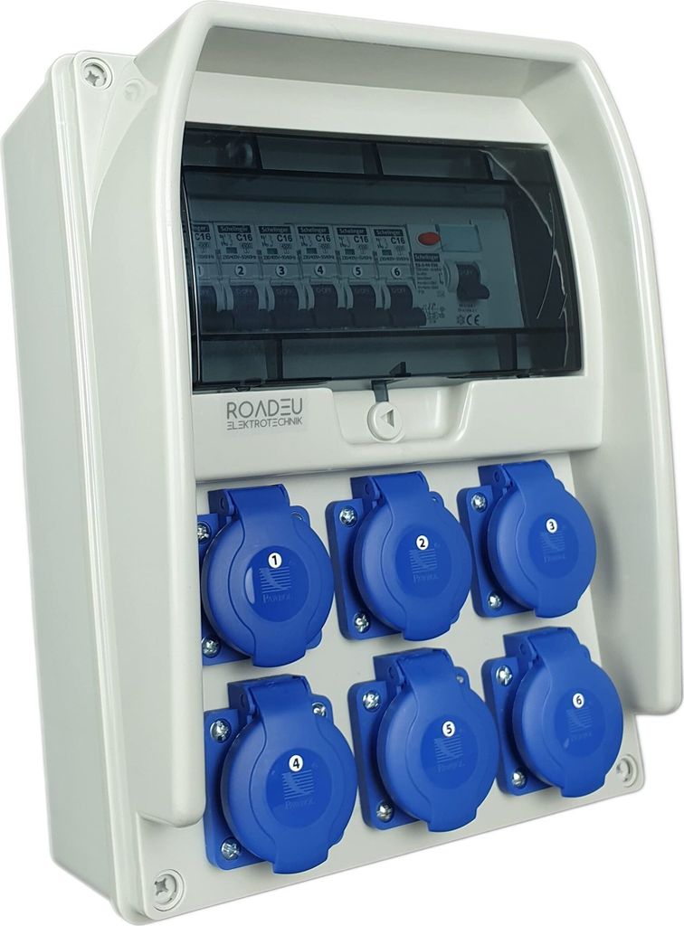 RoadEu - Stromverteiler, 6x Schuko Steckdose mit Leitungsschutzschalter - Baustromverteiler mit Fi Schutzschalter und 6x Sicherungsautomat "C" 16A.