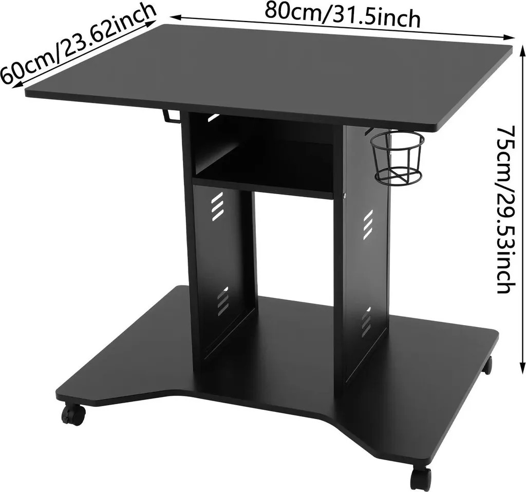Bureau mobile en U noir avec 4 roulettes pivotantes et freins intégrés