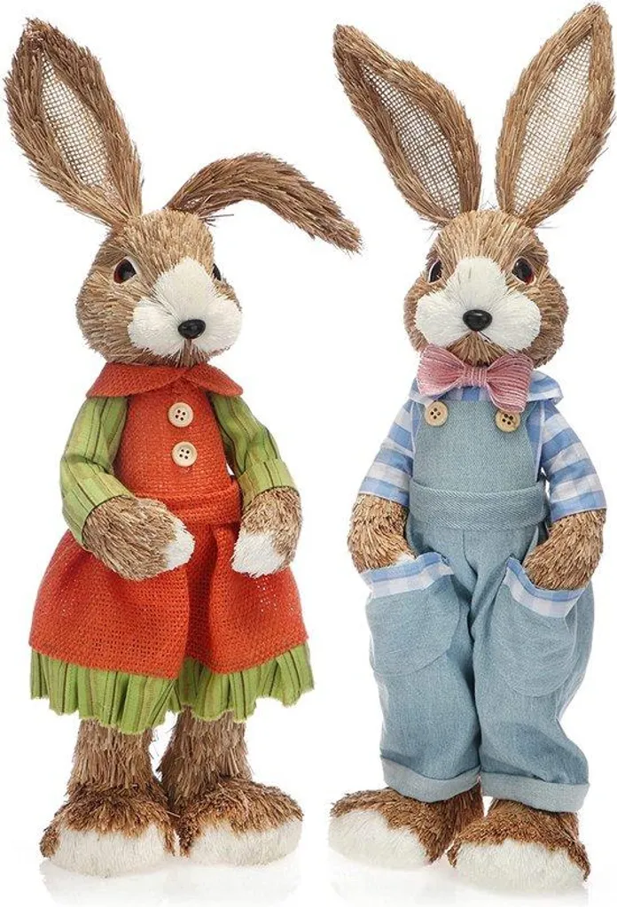 Grand lapin de Pâques artisanal 44 cm en paille - Lot de 2 XL fait main