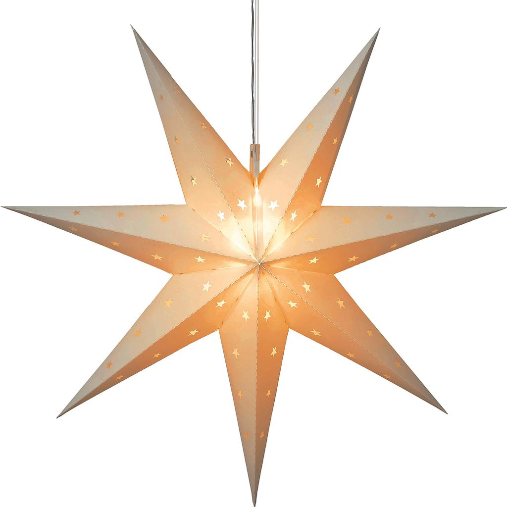 A white, 8-pointed star-shaped lamp with small star cutouts, illuminated from within, hanging against a white background.