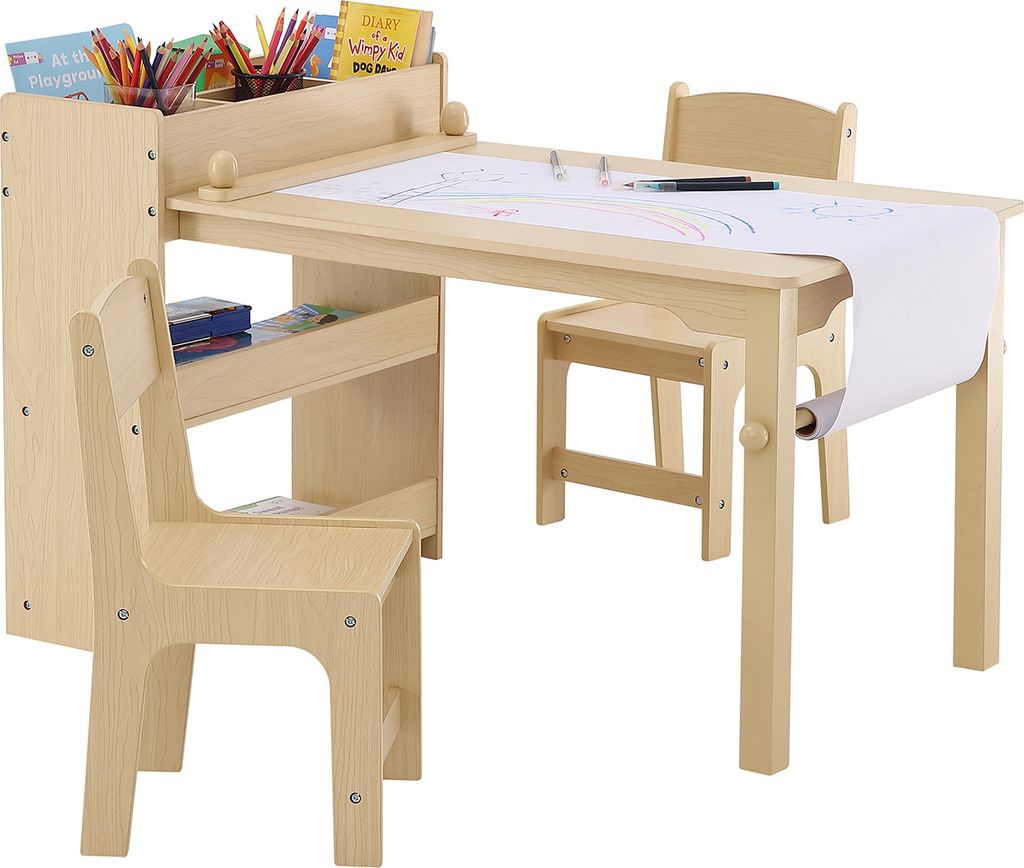 SucceBuy Kunsttisch und 2 Stühle für Kinder, 2-in-1-Bastel- und Spieltisch für Kleinkinder, Tisch- und Stuhlset aus Holz für Kleinkinder mit Sc...