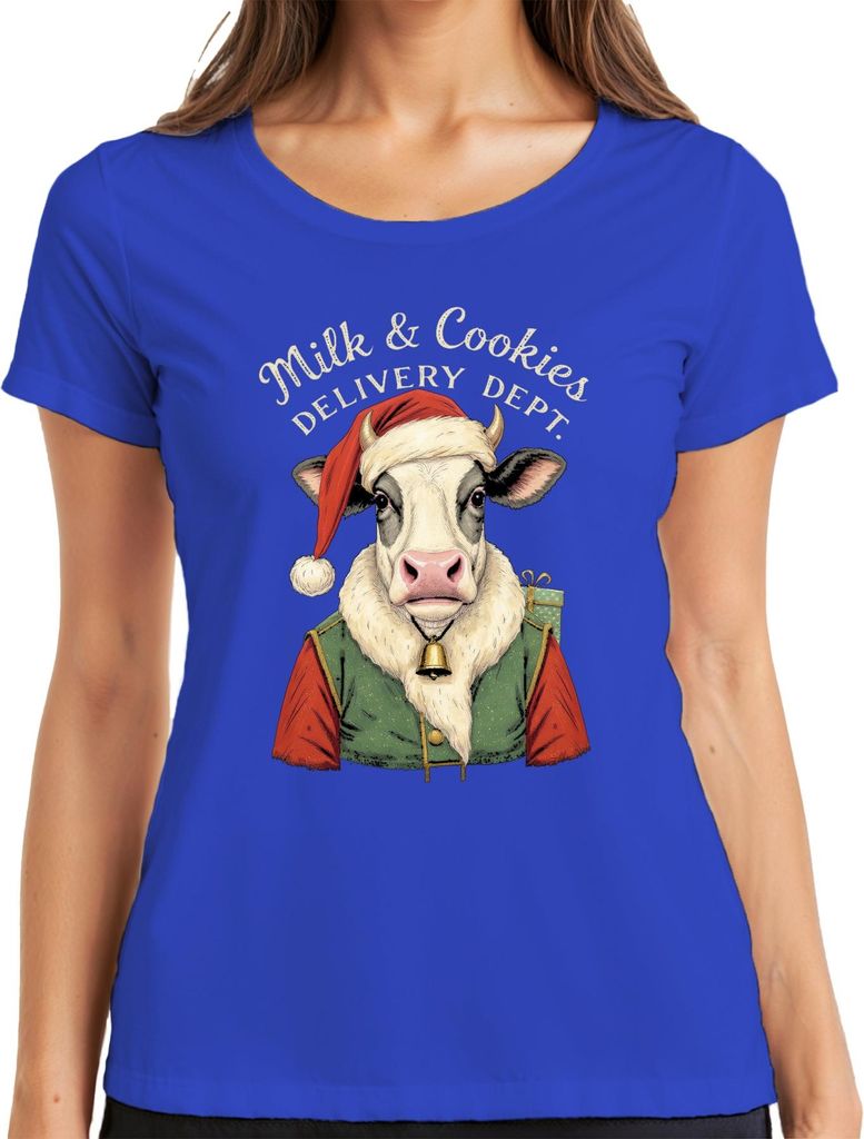 Milk Cookies Delivery Dept Weihnachten Kuh Santa Geschenk Lustig Damen T-Shirt, Blau, 3XL