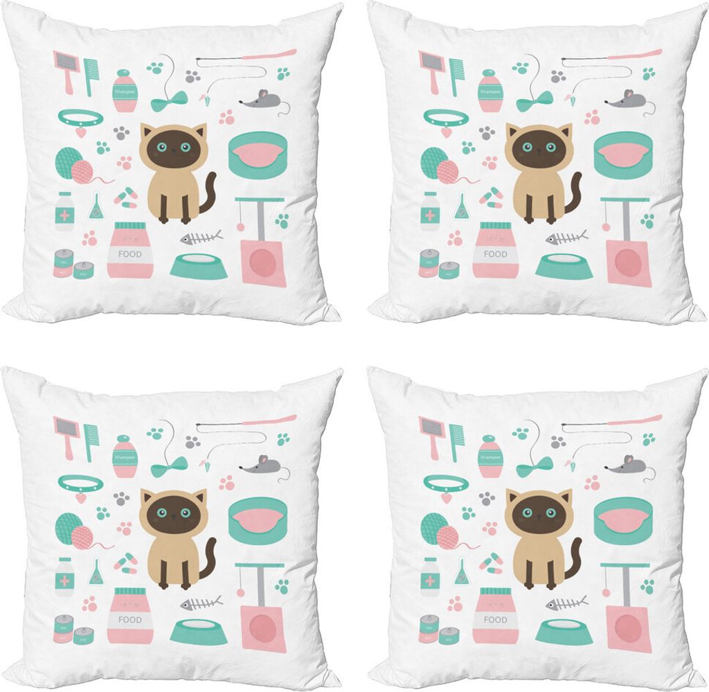 ABAKUHAUS Katzenliebhaber Kissenbezug Set (4 Stück), Cartoon Domestic Siamese, Moderner Doppelseitiger Digitaldruck, 40 cm x 40 cm, Mehrfarbig