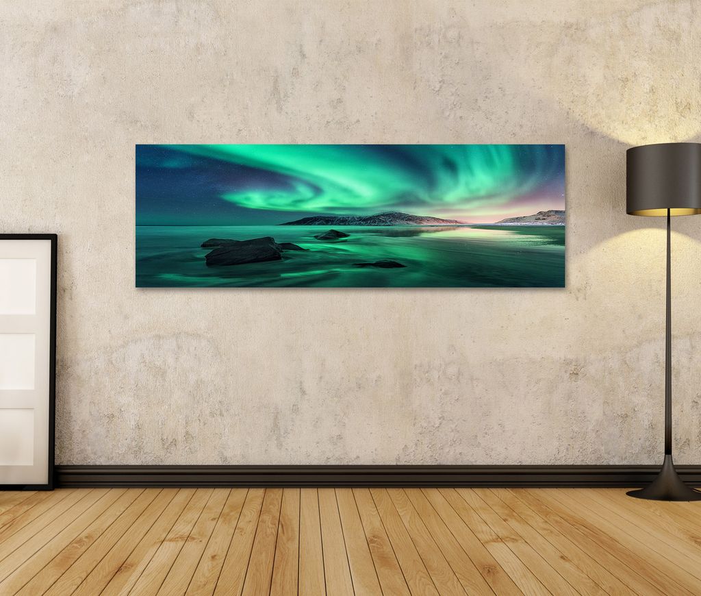Poster Norwegen Sternenhimmel mit Polarli Wandbild islandburner Bild Bilder auf Leinwand Aurora borealis in den Lofoten Inseln Aurora.Grüne Nordlichter Leinwandbild JTU 