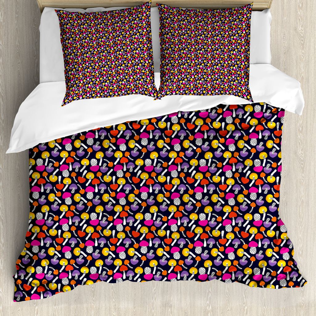 ABAKUHAUS Pilz Bettbezug Set für Einzelbetten, Lustige Bunte Toadstools, Milbensicher Allergiker geeignet mit Kissenbezug, 200 cm x 200 cm - 80 x ...