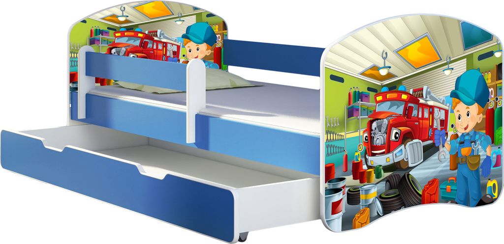 ACMA Jugendbett Kinderbett Junior-Bett Komplett-Set mit Matratze Lattenrost und Rausfallschutz Blau 45 Mechaniker 140x70 + Bettkasten