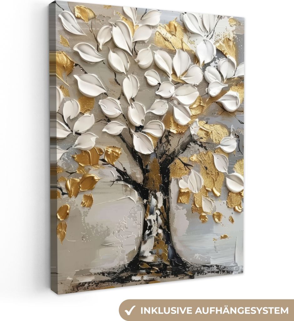 Leinwand Bilder 30x40 cm - Lebensbaum - Beige - Grau - Gold - Abstrakt, Bilder, Wanddeko Wohnzimmer