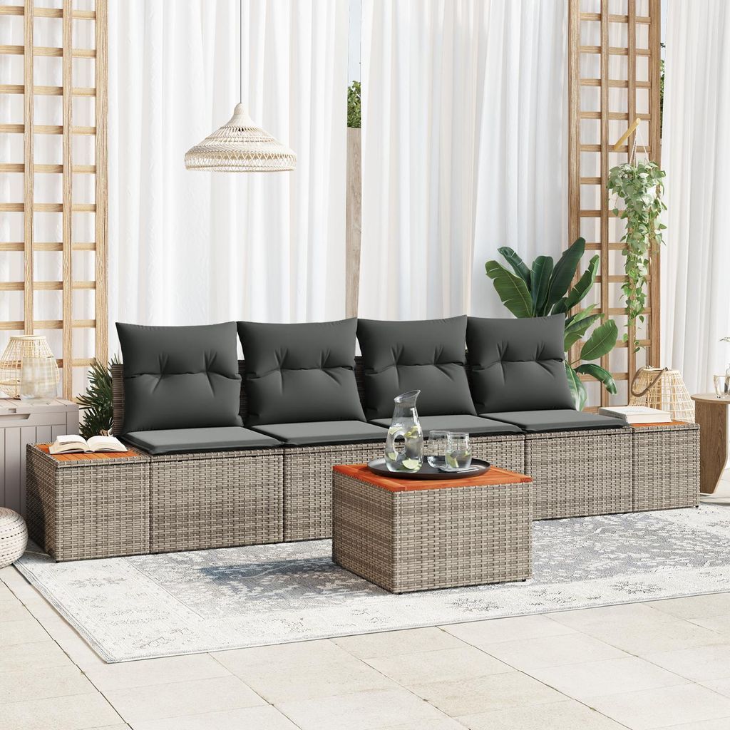 5-teiliges Gartensofa-Set mit Kissen Grau Poly Rattan Akazie, Design Gartensofas Neu
