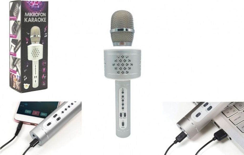 Teddies - Karaoke Mikrofon Bluetooth silber batteriebetrieben mit USB Kabel in Box 10x28x8,5cm