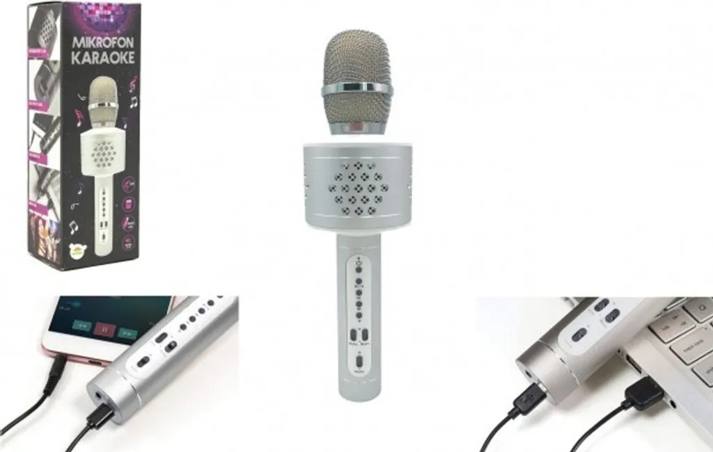 Microphone Karaoké Bluetooth Argenté avec Câble USB et Port Pile - 5