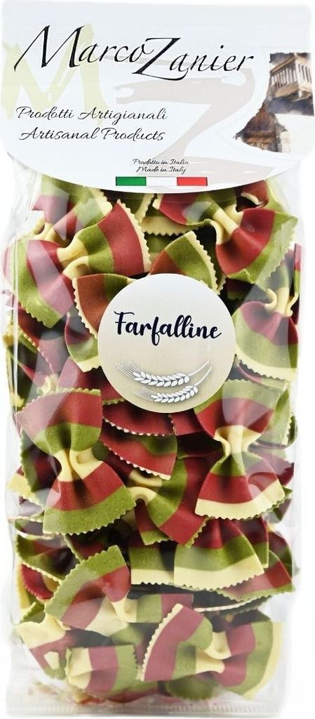 Bunte Pasta Farfalline Bandiera Italiana, Schmetterlings Nudeln Italienische Flagge, 250 g, Farbige Nudeln, Marco Zanier