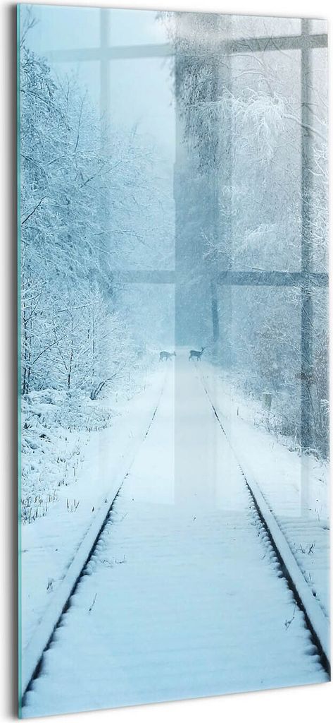Designer Glasbild - Wandbild - Glas Bild - 70x140 cm - Rehe Auf Den Gleisen
