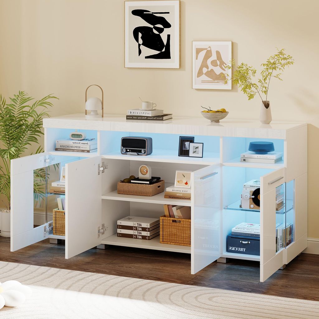 okwish Sideboard Beistelltisch mit LED Beleuchtung und Sicherheitsglas,Buffetschrank mit 3 Fächern,Weiß