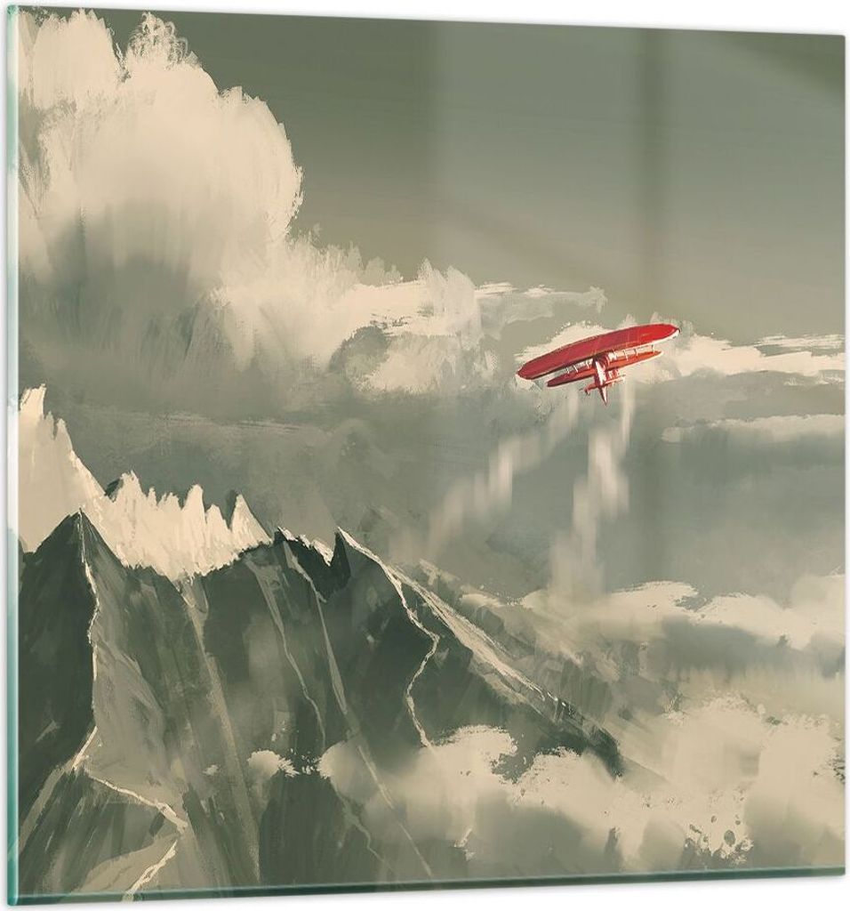 Bilder auf glas - Einteilig - Rot Flugzeug Berge - 50x50cm - Glasbilder - Wandbilder - Bilder - zum Aufhängen bereit - Wanddekoration aus Glas - G...