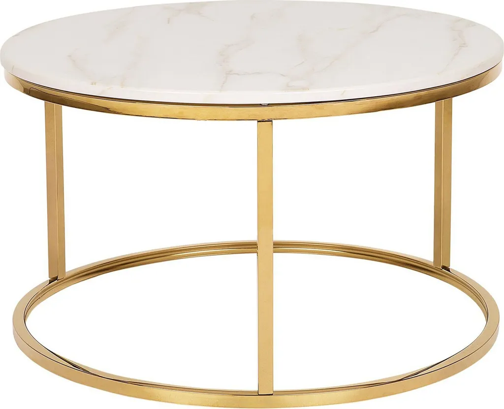 Table basse ø 70 cm effet marbre beige et structure dorée haut de gamme