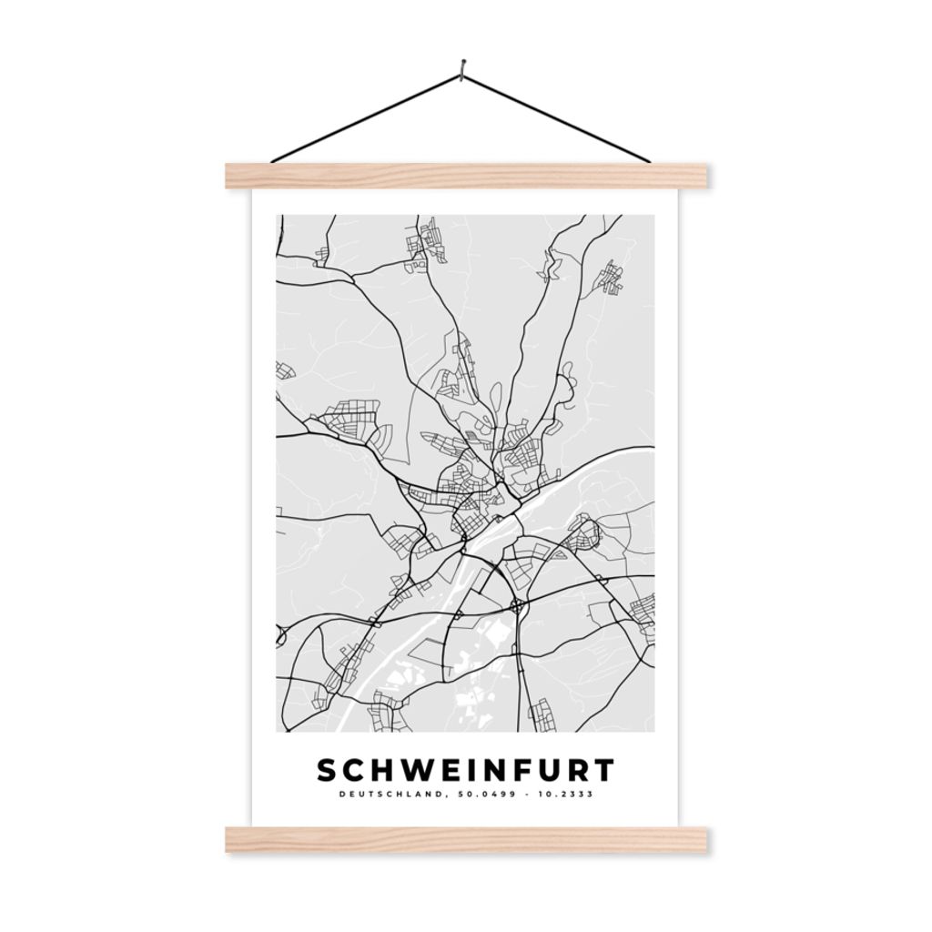 MuchoWow Textilposter Deutschland - Karte - Schweinfurt - Stadtplan 60x90 cm mit holzfarbenen Rahmen - Textil