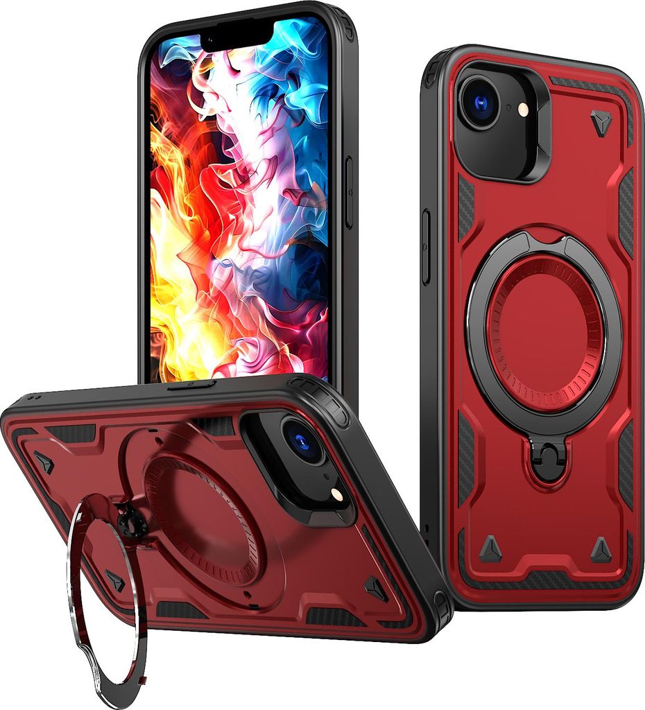 Dual Layer Hülle für iPhone 16e/iPhone 17e mit Ring Ständer Magnetisch Stoßfest Handyhülle Rot