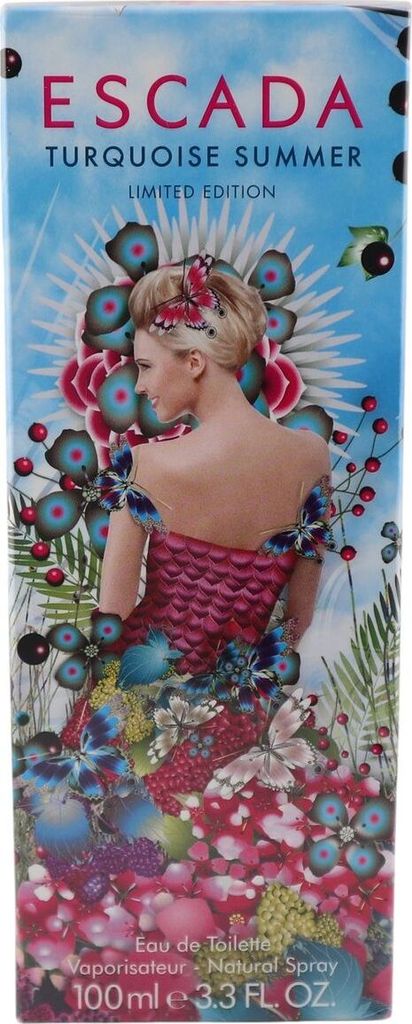 Verpackung des Eau de Toilette Escada Turquoise Summer, 100 ml, mit fantasievoller Illustration und lebendigem Design.