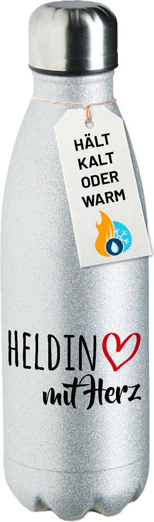 Huuraa Trinkflasche Heldin mit Herz 500ml Silver Edelstahl Wasserflasche Trinkflasche Geschenkidee